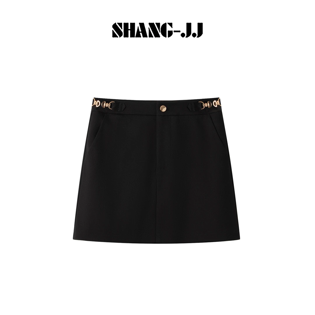 SHANG-JJ【金链短裙】25ss新品羊毛光泽设计感百搭半身裙q133722p