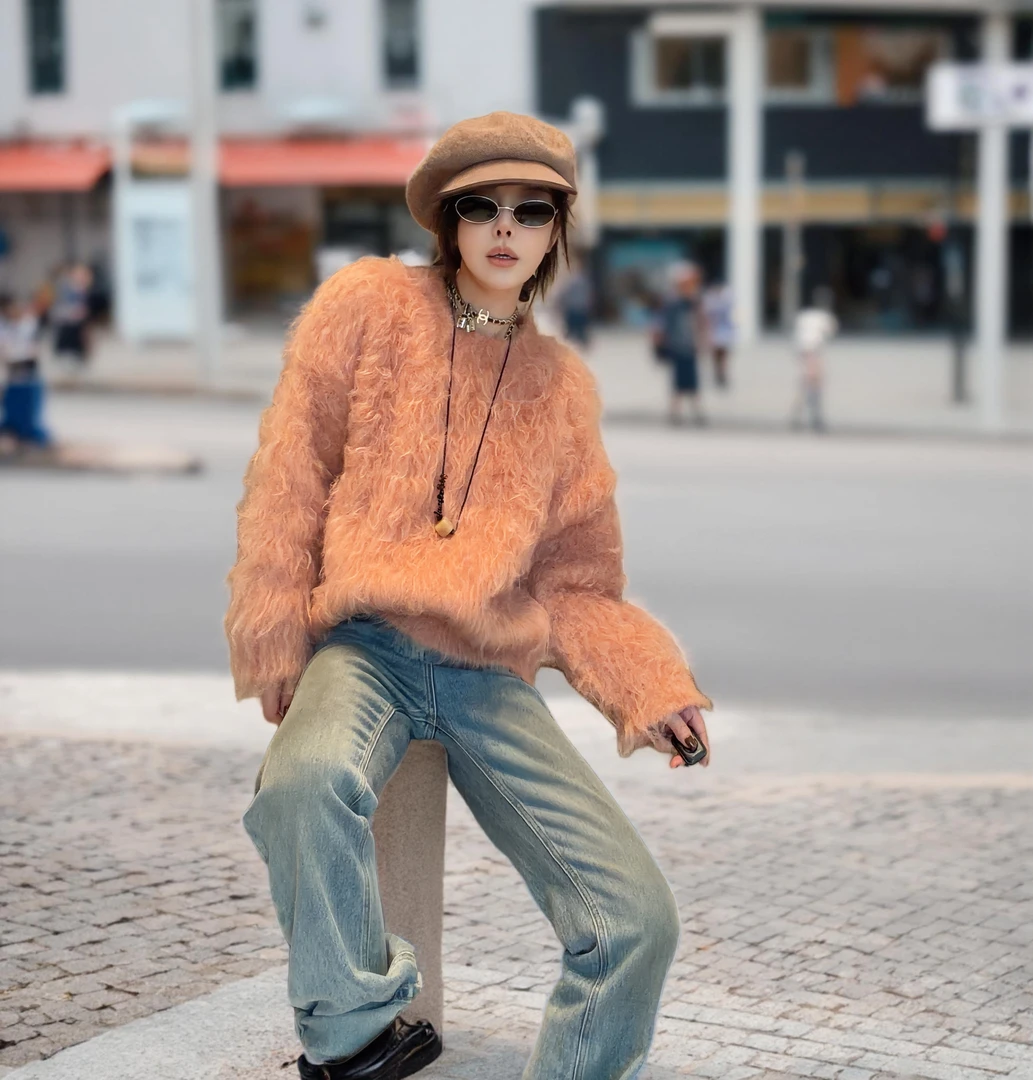 【丽丽推荐】高比例手工拉毛套头毛衣