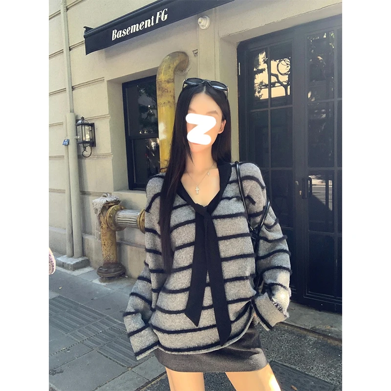 韩版ins慵懒长袖针织T恤女秋季2025新款蝴蝶结打底设计感休闲上衣