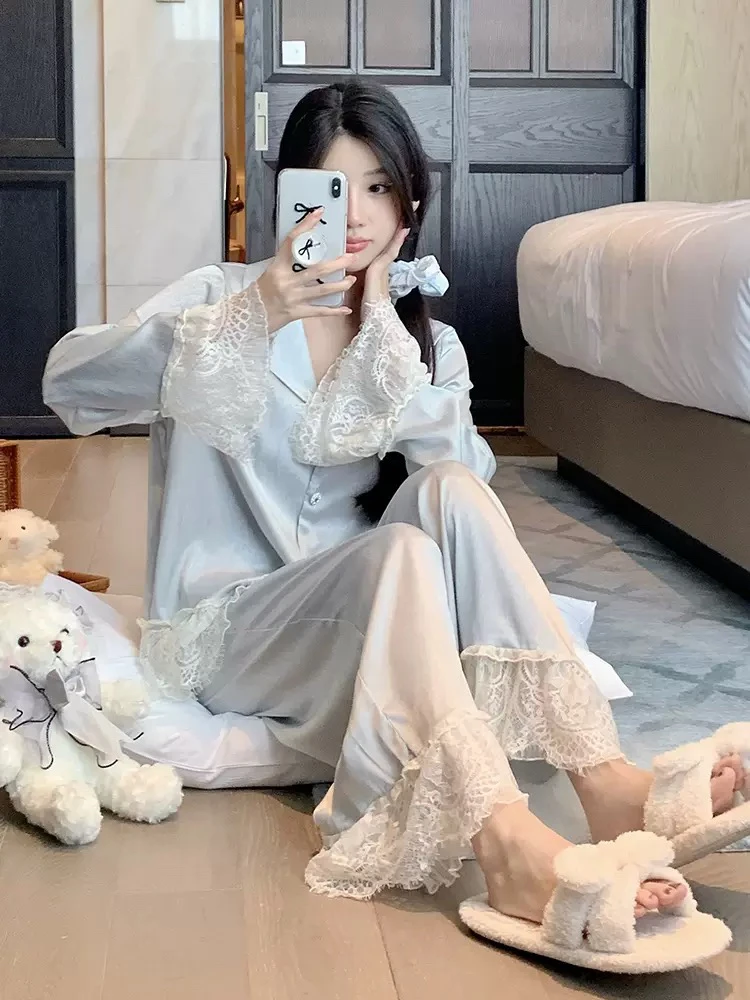 【蓝色恋人】春秋水光缎蕾丝套装仙女纯欲公主风睡衣家居服女蝴蝶