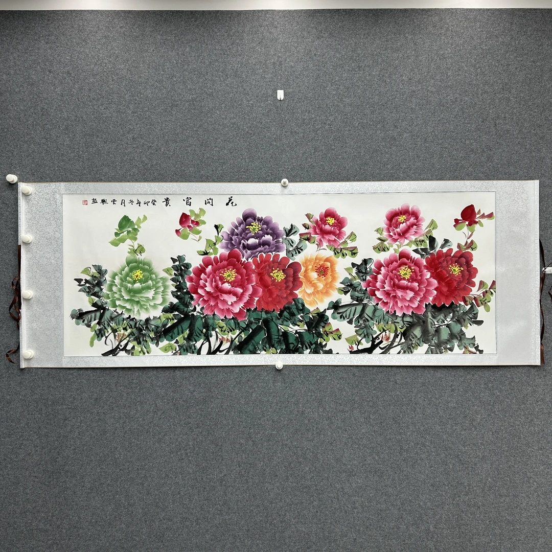 手绘牡丹绘画作品卷轴装裱六尺卷轴