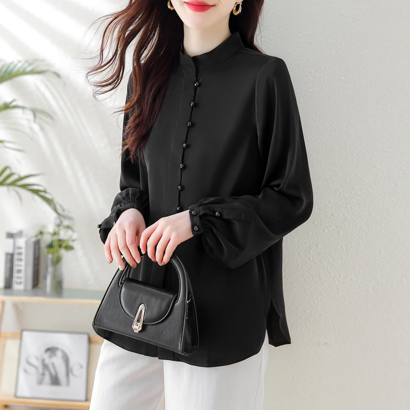 新中式国风黑色雪纺衬衫女秋季2025新款宽松大码气质复古立领上衣