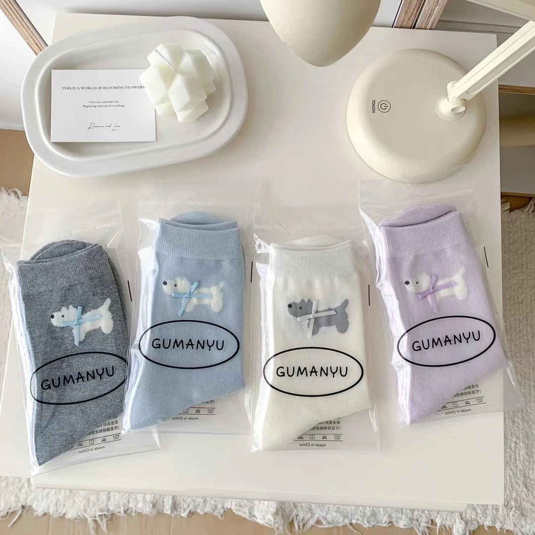 【达人专属】领结小狗奶呼呼袜子软糯袜子纯色卡通袜小狗袜子