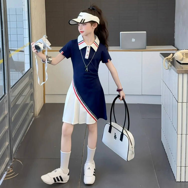 6-12岁女童炸街裙子儿童学院风连衣裙大童女孩夏装polo百褶裙收腰