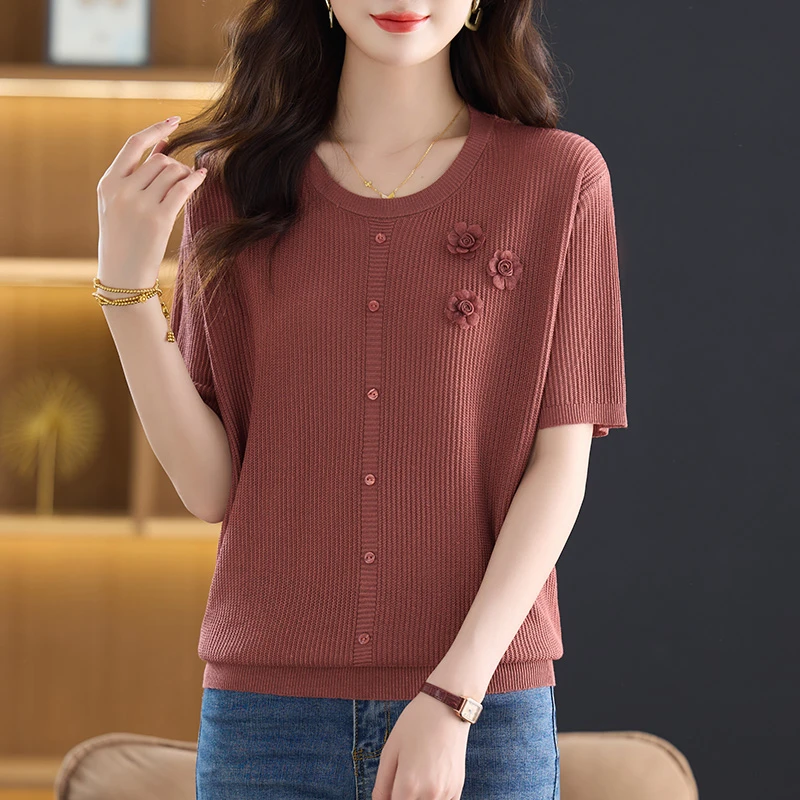 中年妈妈洋气夏装短袖t恤女2025新款冰丝针织衫宽松遮肚子上衣薄