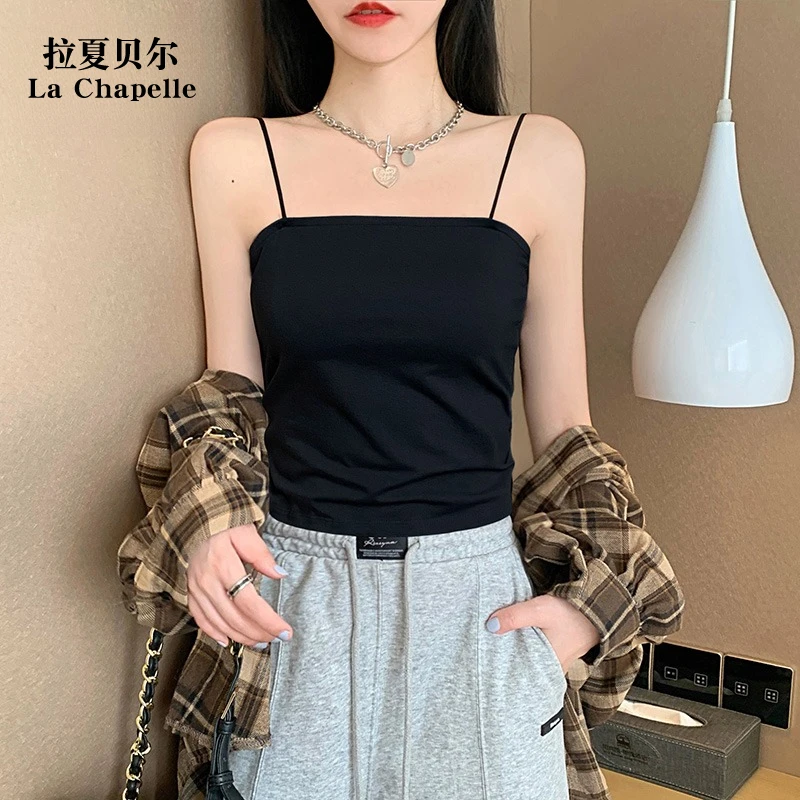 拉夏贝尔黑色小吊带新款背心女棉质一字肩美背夏季无袖短款打抹胸