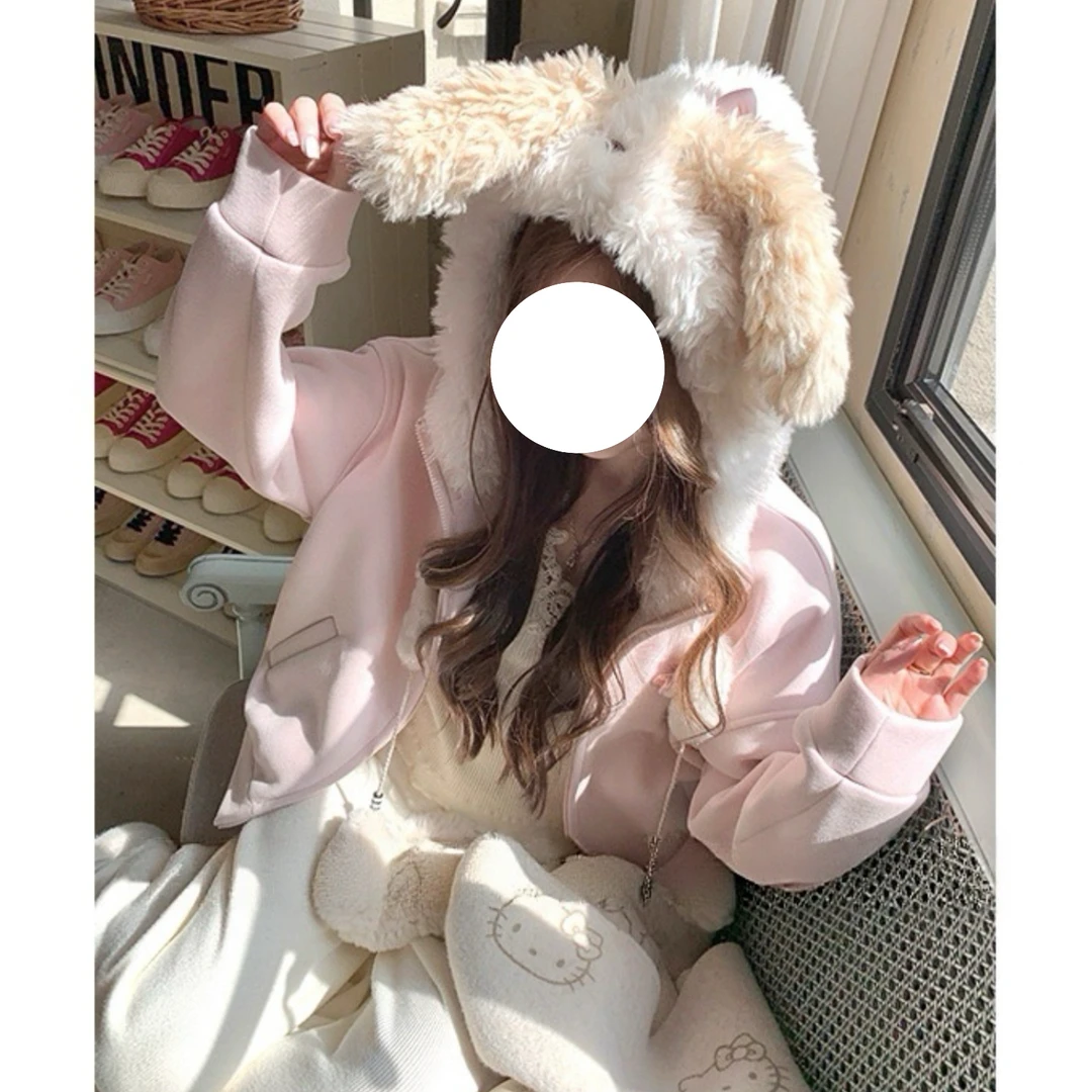 兔子乐园/毛绒兔子连帽卫衣女秋冬季加绒保暖甜美软妹外套