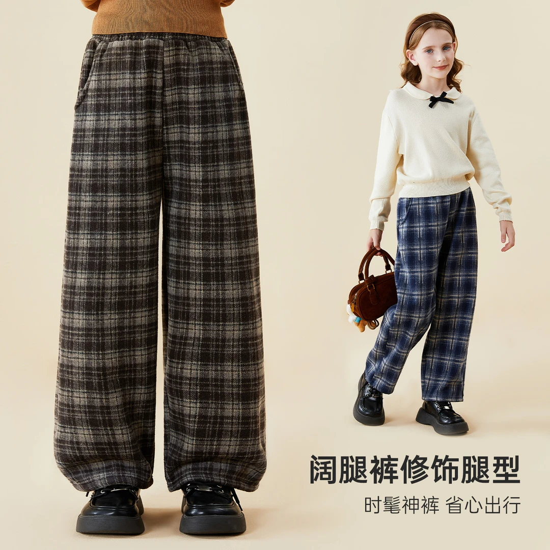 迪士尼秋冬格子裤宽松阔腿裤2025年新款爆款韩版洋气舒适透气裤子