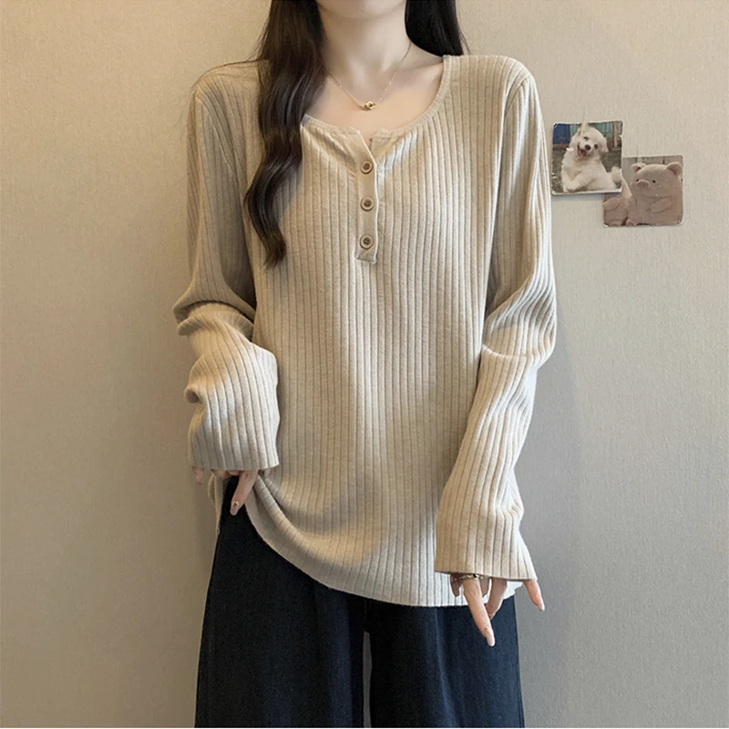 大码内搭长袖打底针织衫t恤女秋季微胖mm显瘦遮肚子休闲百搭上衣