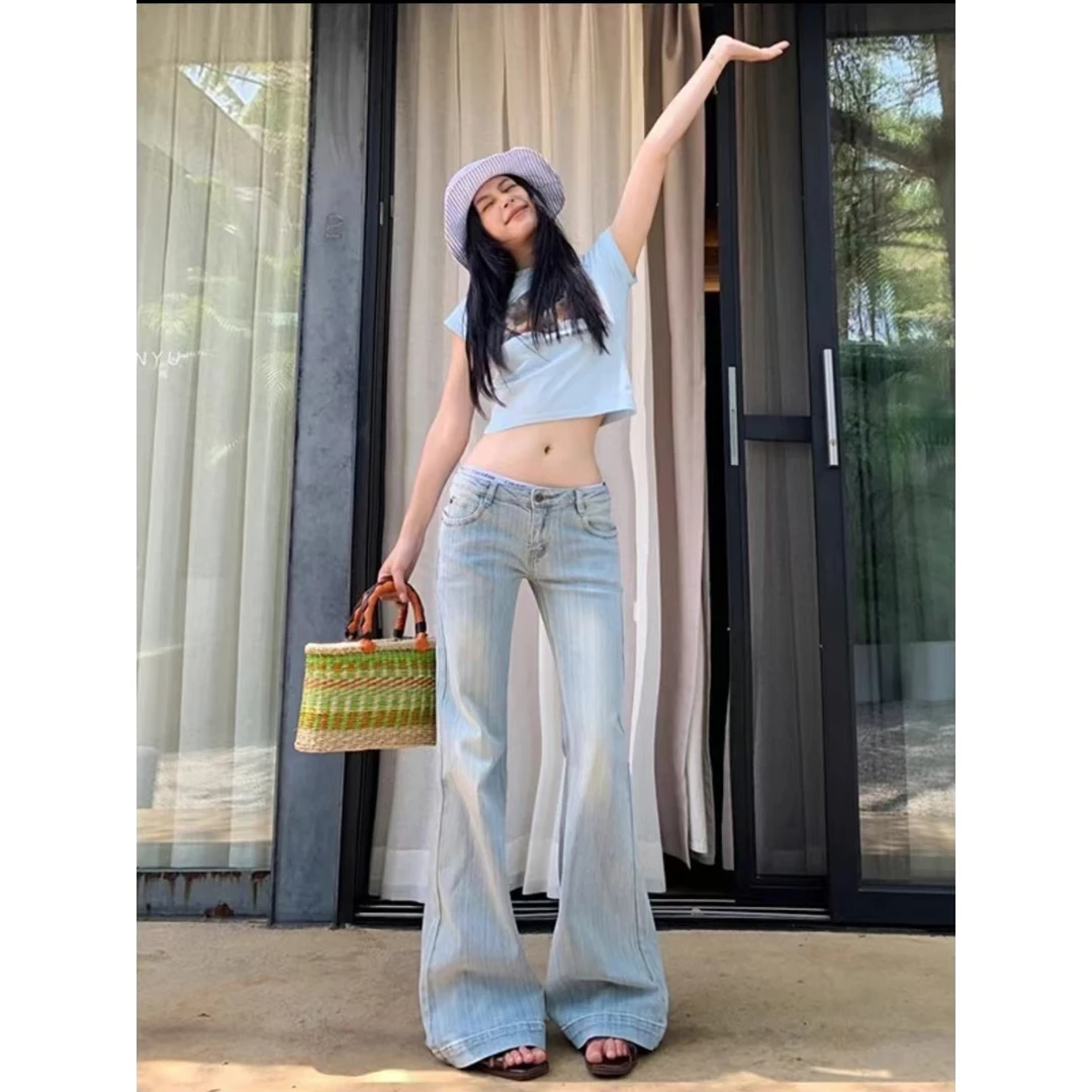 2025夏季新款美式复古高街设计牛仔裤女低腰通勤显瘦阔腿直筒长裤