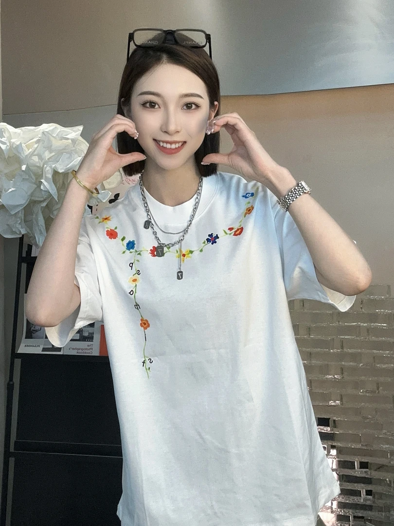 花朵项链印花重工短袖夏季女ins休闲宽松半袖纯棉白色