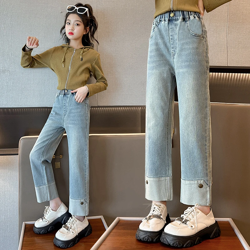 女童牛仔裤2025新款春秋款修身直筒裤中大童春款烟管裤子儿童春装