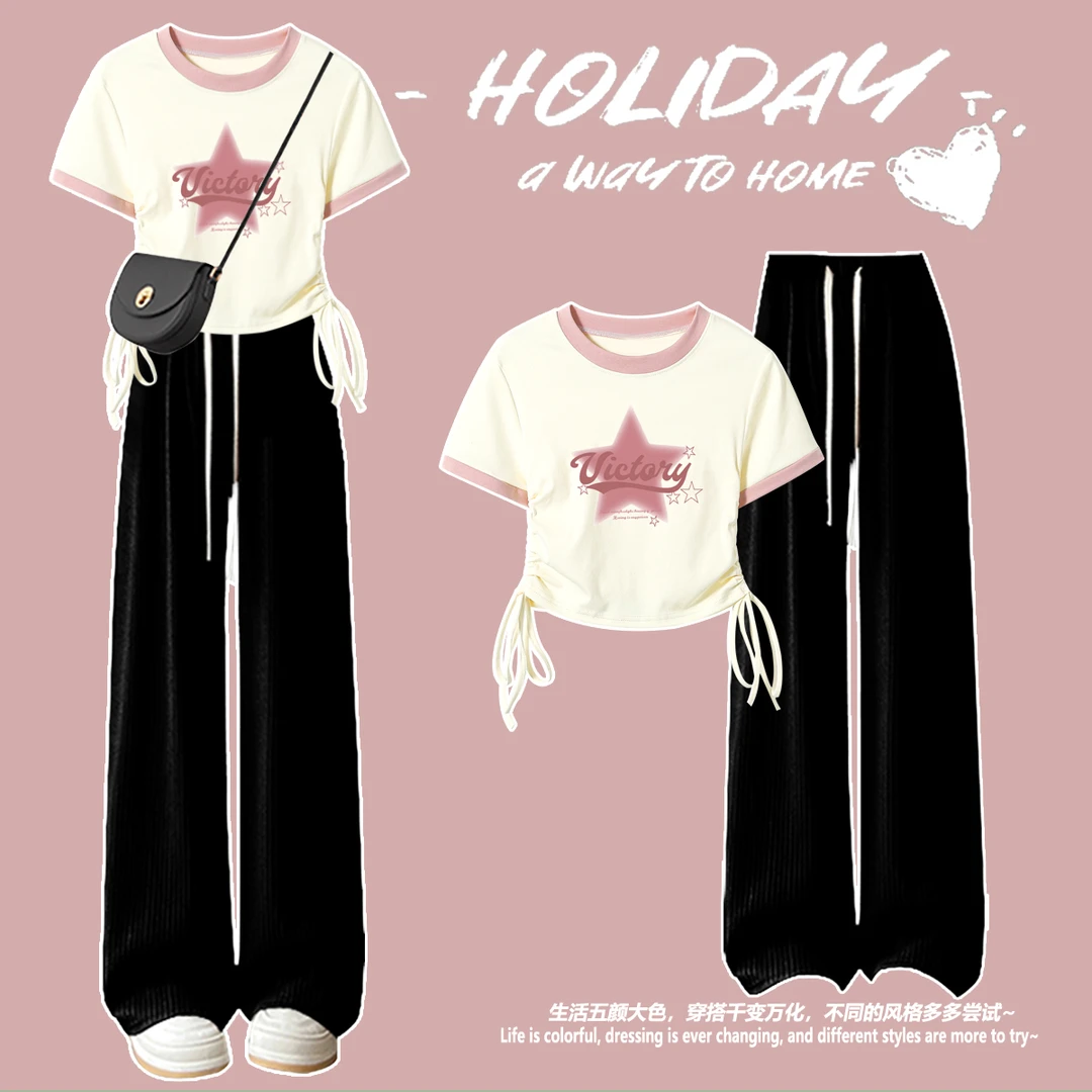 夏季中学生套装12-15岁正肩短袖T恤小女孩女童显瘦阔腿裤两件套潮