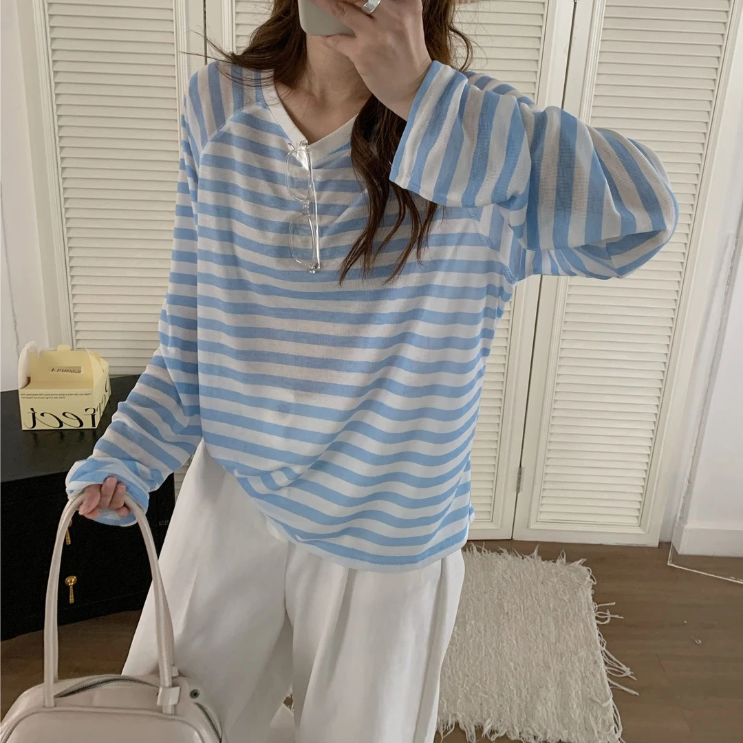 条纹长袖t恤女春夏新款宽松薄款罩衫冰丝防晒打底衫休闲百搭上衣