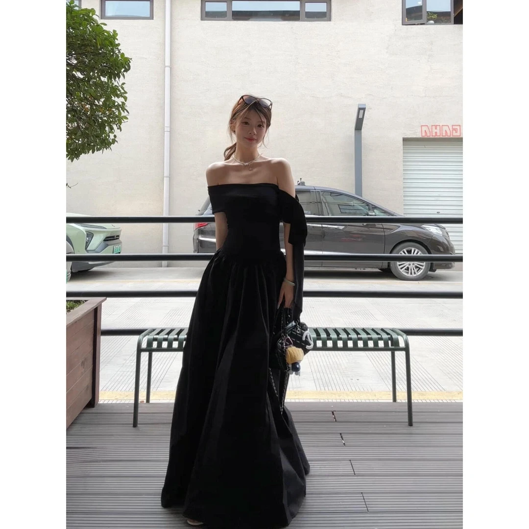 一字肩飘带连衣裙女夏季款时尚气质减龄宽松显瘦a字中长款大摆裙