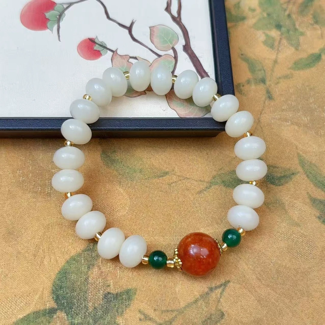 S1468-白菩提算盘珠11*7mm+橘红色顶珠14mm单圈手串