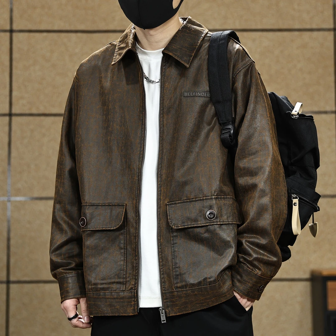 美式户外复古工装油蜡皮衣外套男士2026秋季新款潮流机车翻领夹克