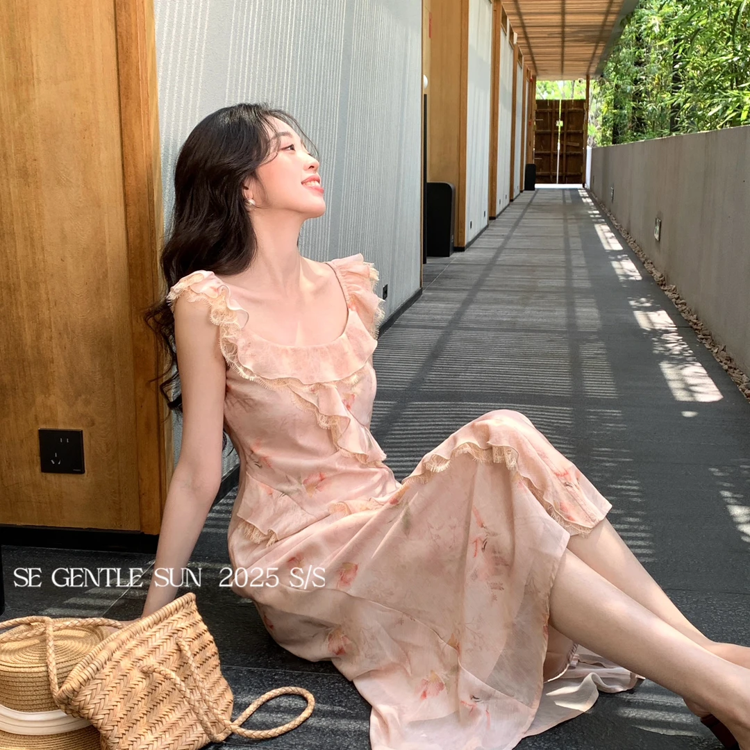 SE GENTLE SUN-SE白标优雅浪漫度假风气质印花蕾丝连衣裙88297