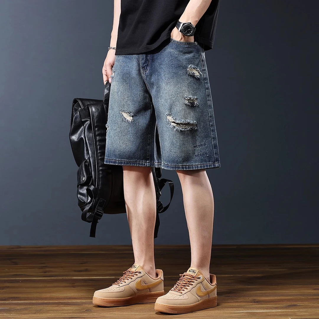 MR.MUDI/穆迪先生2025夏季牛仔短裤男百搭宽松破洞潮流大码男士