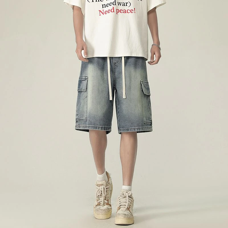 2025夏季短裤新款牛仔裤男港风宽松直筒阔腿松紧腰系带