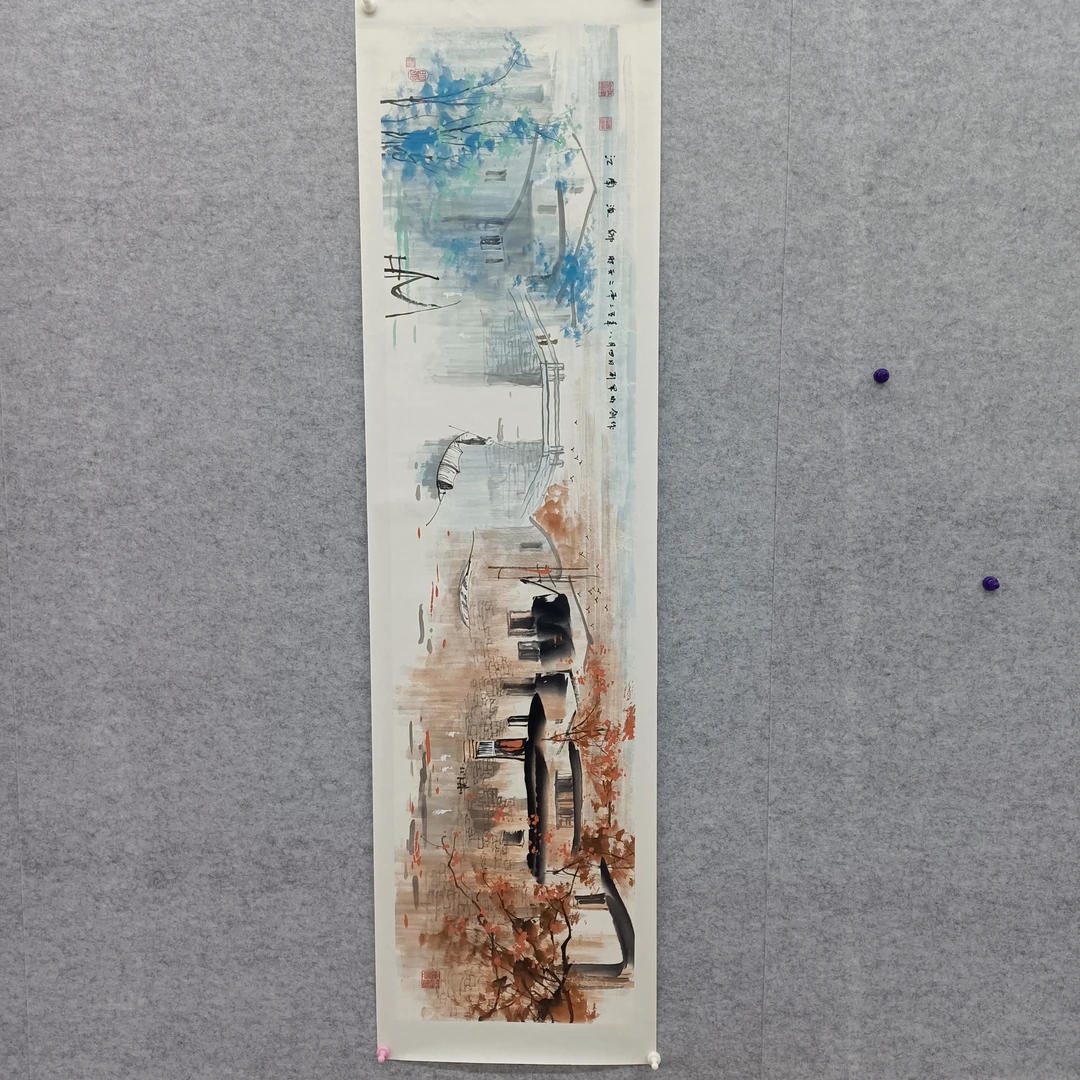 顾老师纯手绘《江南渔乡》137×35中西结合，江南  水乡  秋景