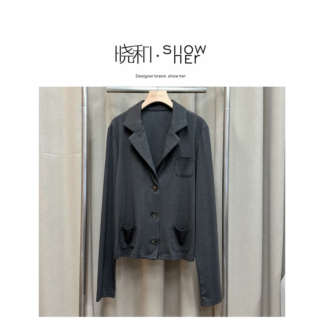 SHOW HER【灰代尔】复古西服衬衫版加绒荷叶袖纯色镂空单排扣