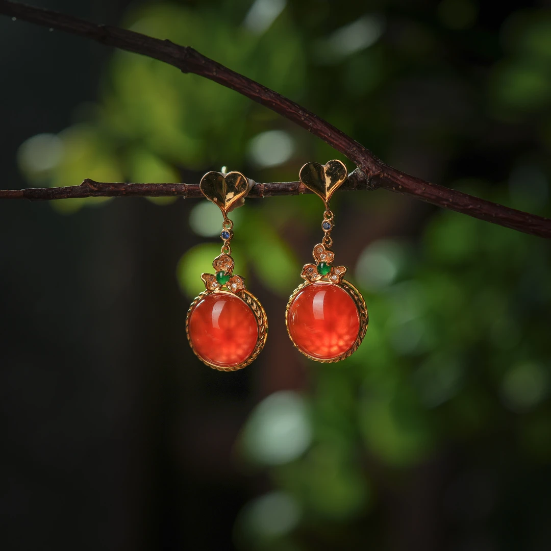 锦苏郁·传世级南红冰红18K金花丝耳坠AE0322约10*6mm