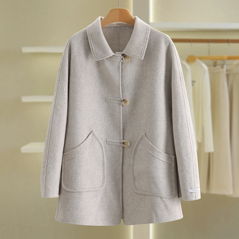 【伍莎-自营】单排扣纯色宽松双面呢外套#VZA38B012