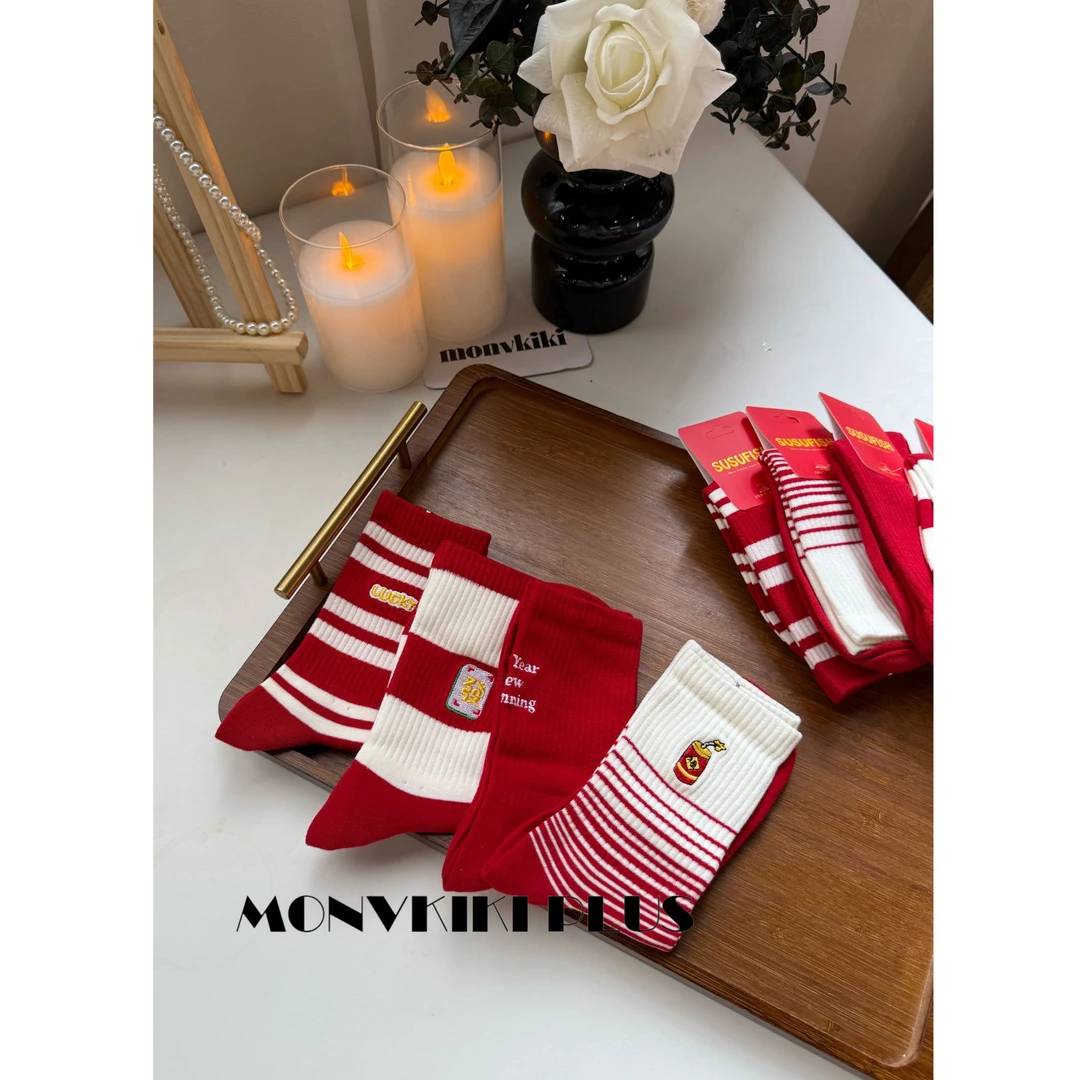 Miss 【恭喜发财】90%棉四双组新年袜本命年红袜子中筒1012