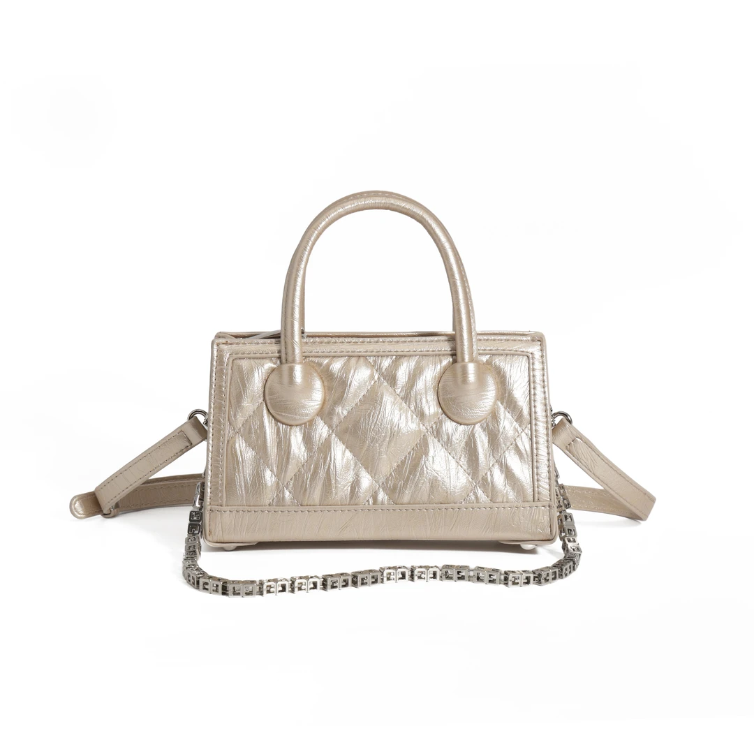 【高端定制】轻奢高级感软皮泡芙手提包盒子包百搭菱格M-7178香槟金