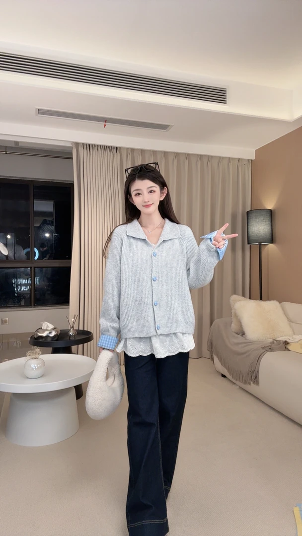 韩系复古灰色翻领长袖针织开衫女秋季新款慵懒风宽松显瘦毛衣外套