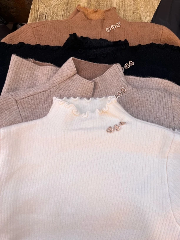 加绒加厚针织打底衫女秋冬2024新款半高领木耳边修身长袖上衣