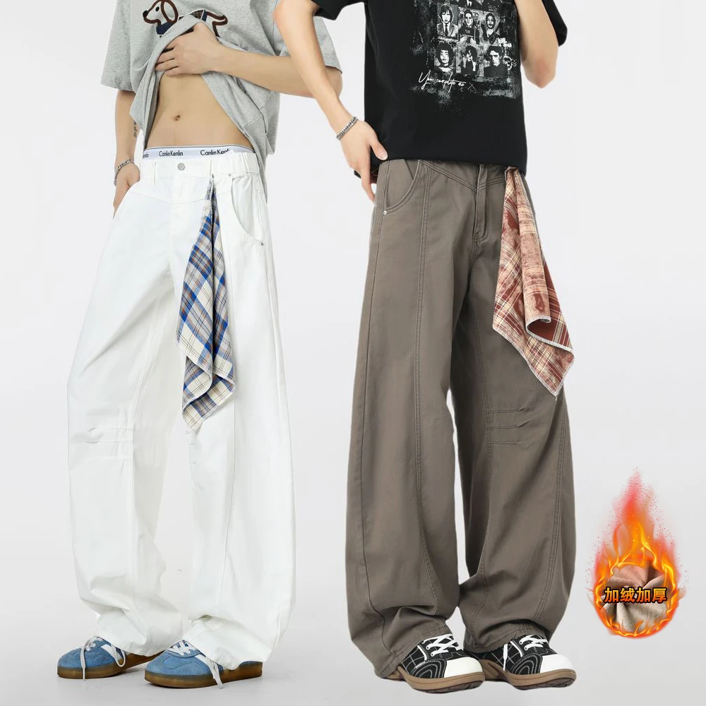 加绒白色美式水洗弯刀牛仔休闲裤男宽松 baggy版型垂感镰刀裤直筒