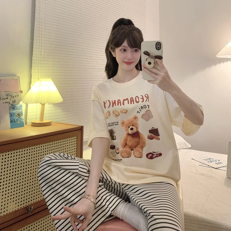 纯棉大码260斤睡衣女胖mm200斤宽松短袖长裤家居服外穿遛弯套装