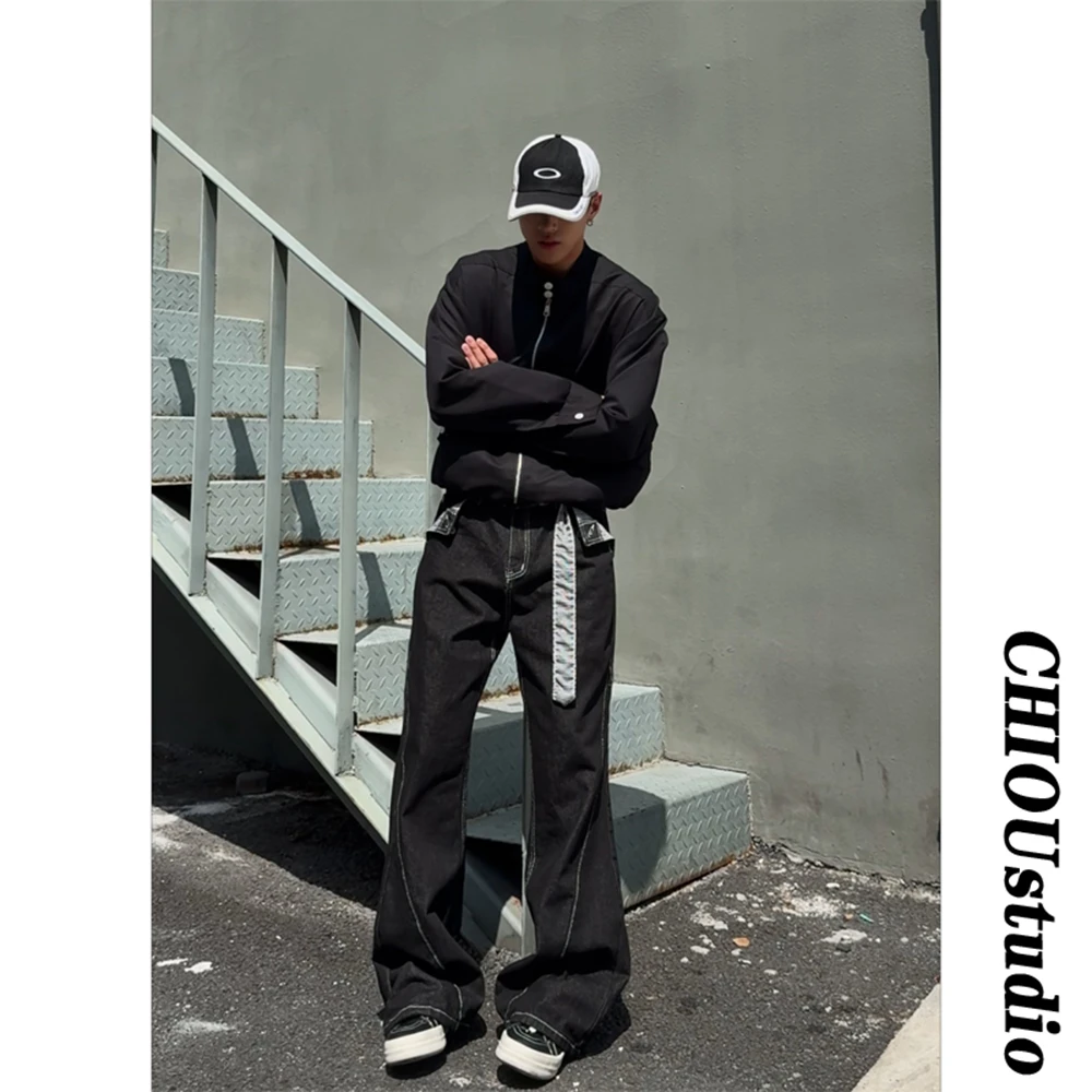 美式复古千鸟格拼接原牛牛仔裤男女同款显高显瘦拼接设计休闲长裤