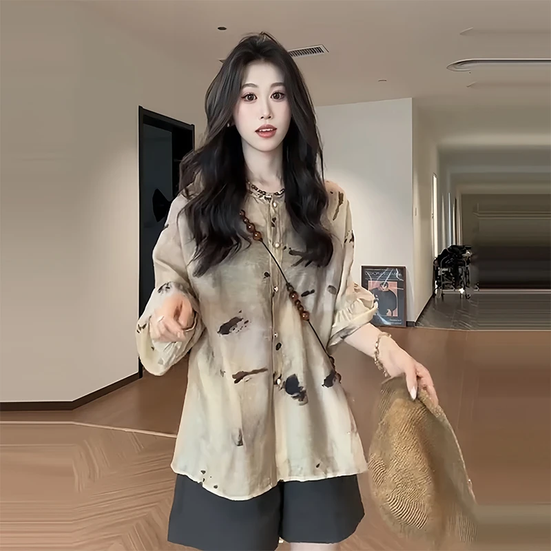 法式高级感圆领印花薄款长袖衬衫女2025新款早秋宽松复古防晒上衣