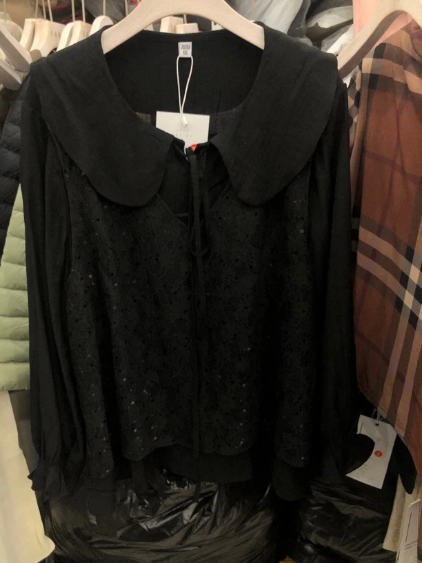 25春季新款 女装衬衫 黑色蕾丝假两件衬衫 时尚潮流宽松 设计师