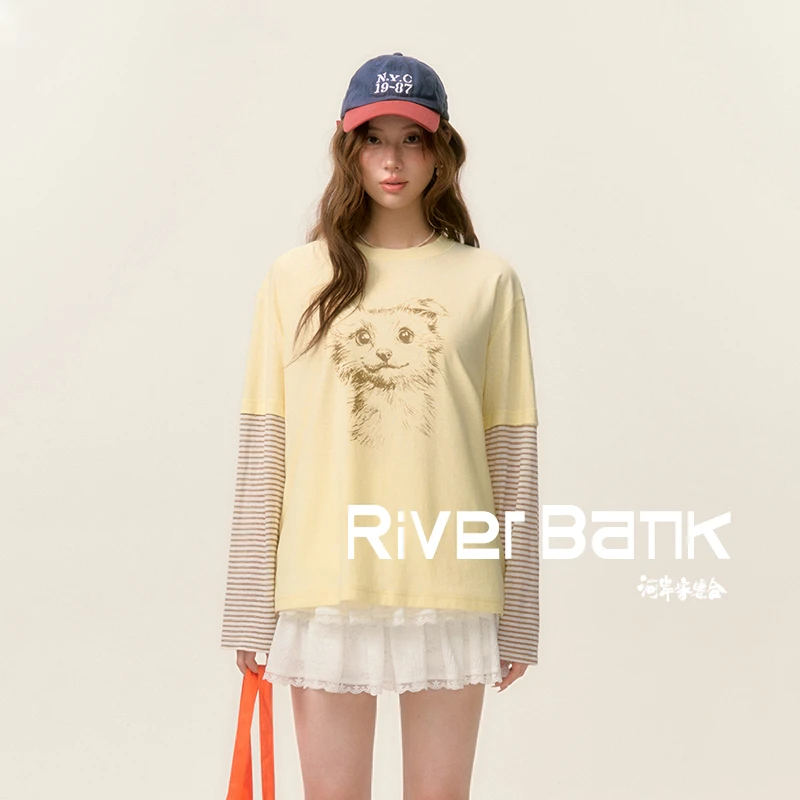 河岸家买手店设计师SOMESOWE假两件拼接小狗印花条纹长袖T25春夏