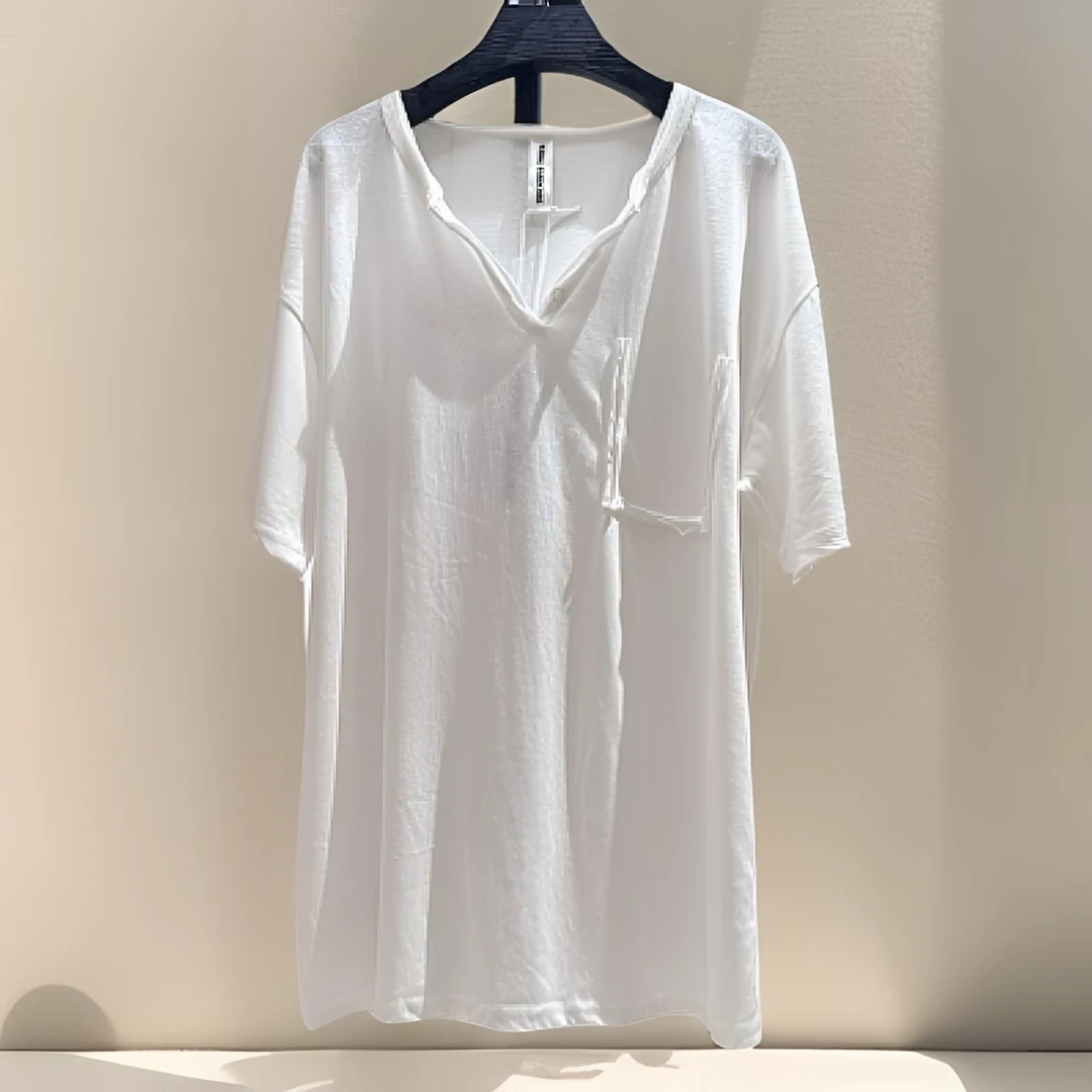 极简白色雪花棉长袖极简风简约显瘦常规夏季宽松型时尚V领宽松T恤