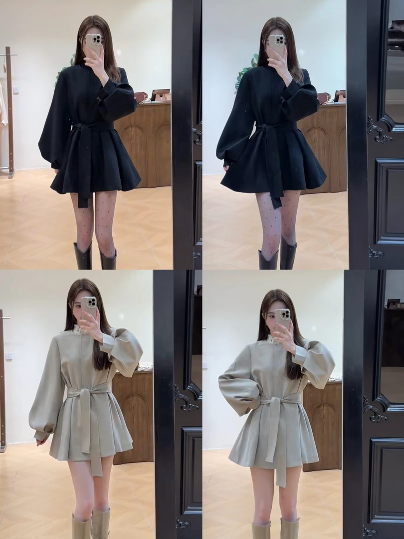 运补6-8{系带}秋季韩系洋气宽松系带收腰灯笼袖风衣外套女8181#