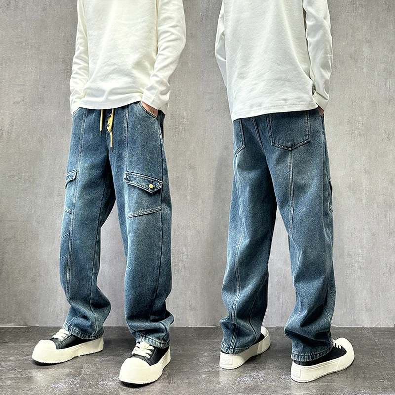 美式复古水洗做旧弯刀牛仔裤男款秋冬百搭加绒宽松休闲直筒长裤子