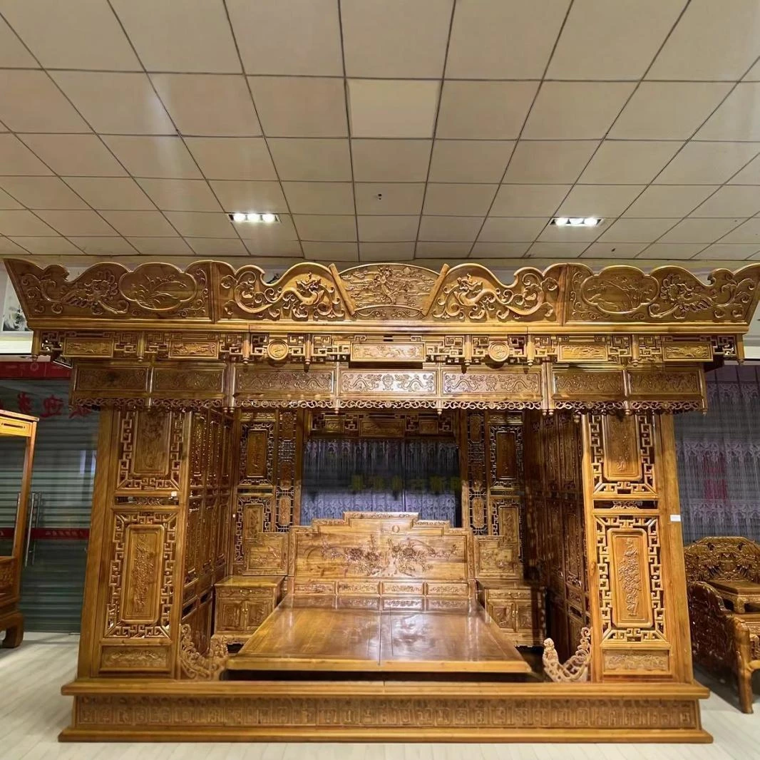 新款金丝楠木架子床拔步床双人床婚床实木高低床雕花古典婚床