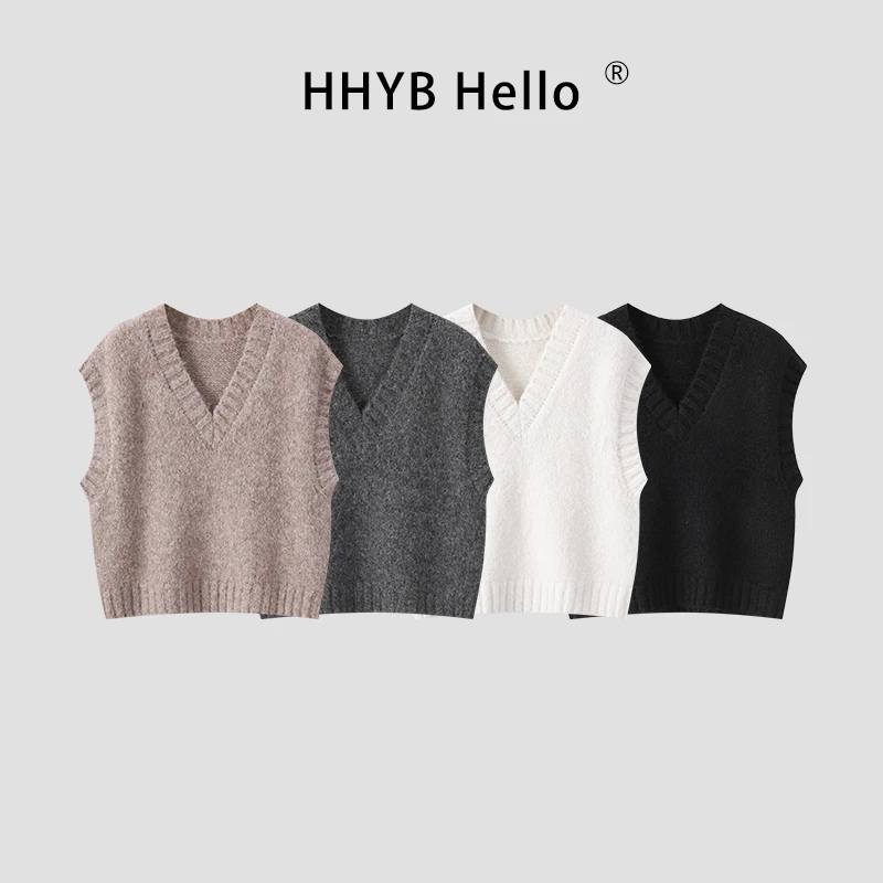 HHYB Hello2025秋冬廓形宽松针织毛衣坎肩V领背心马甲女M1255