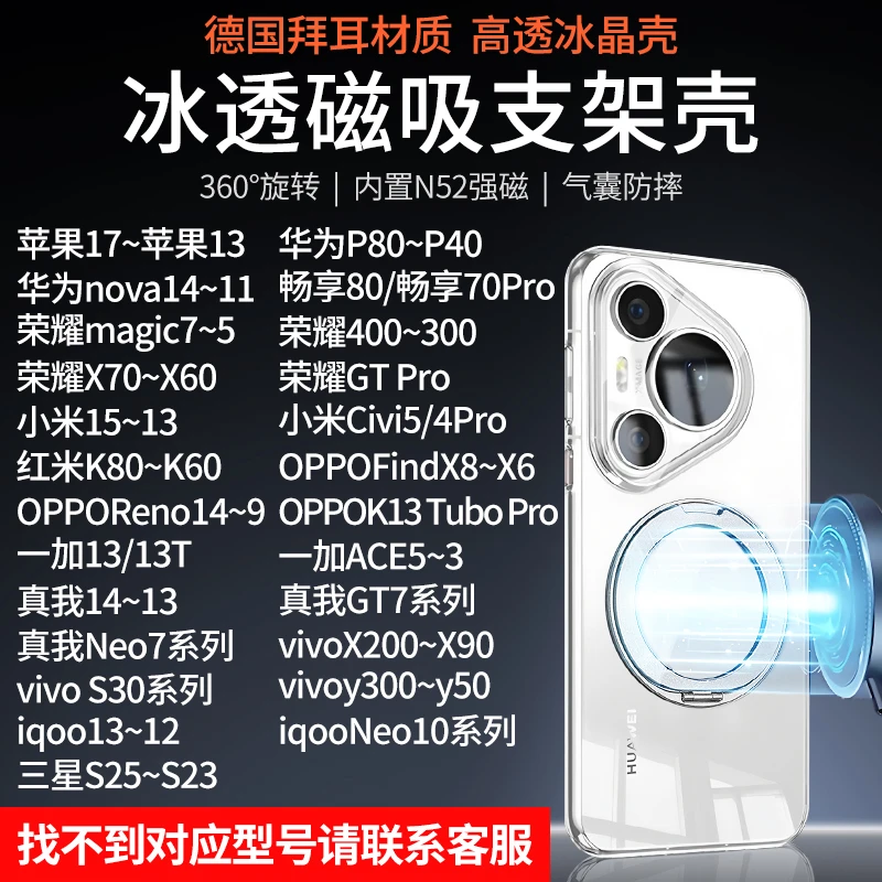 透明磁吸支架壳适用苹果华为三星荣耀小米VIVO红米OPPO真我1+防摔