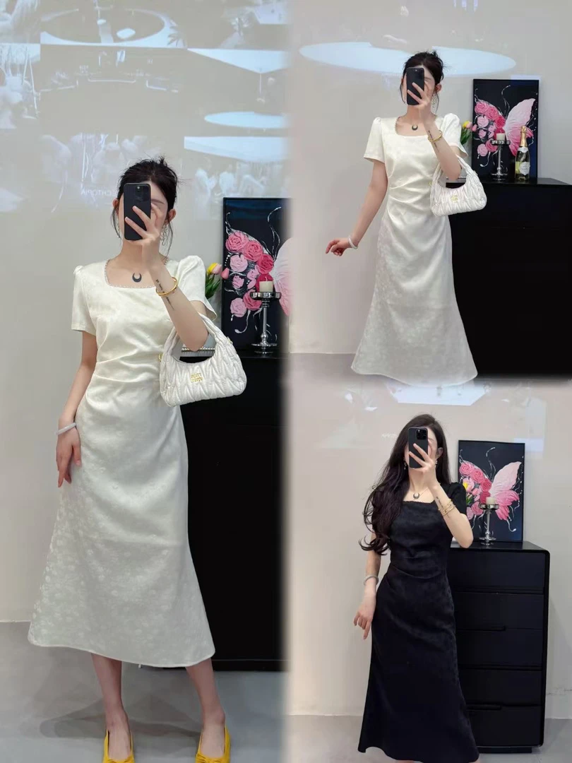 夏季方领钉珠法式名媛高级感修身鱼尾提花连衣裙