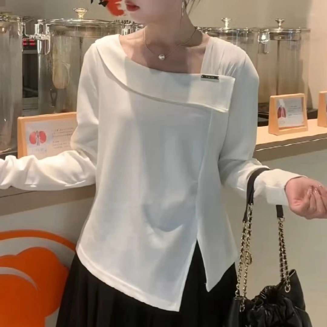 TU姐 秋季大码女装侧压褶斜领长袖小衫纯色简约通勤风百搭上衣