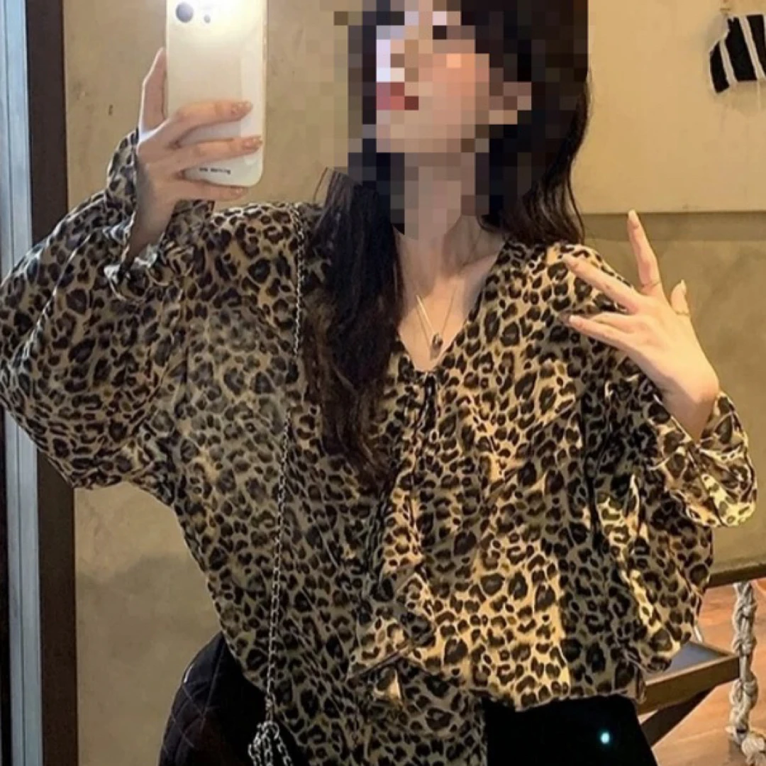 大码小个子复古长袖设计感豹纹衬衫女装雪纺衬衣胖宽松上衣25760