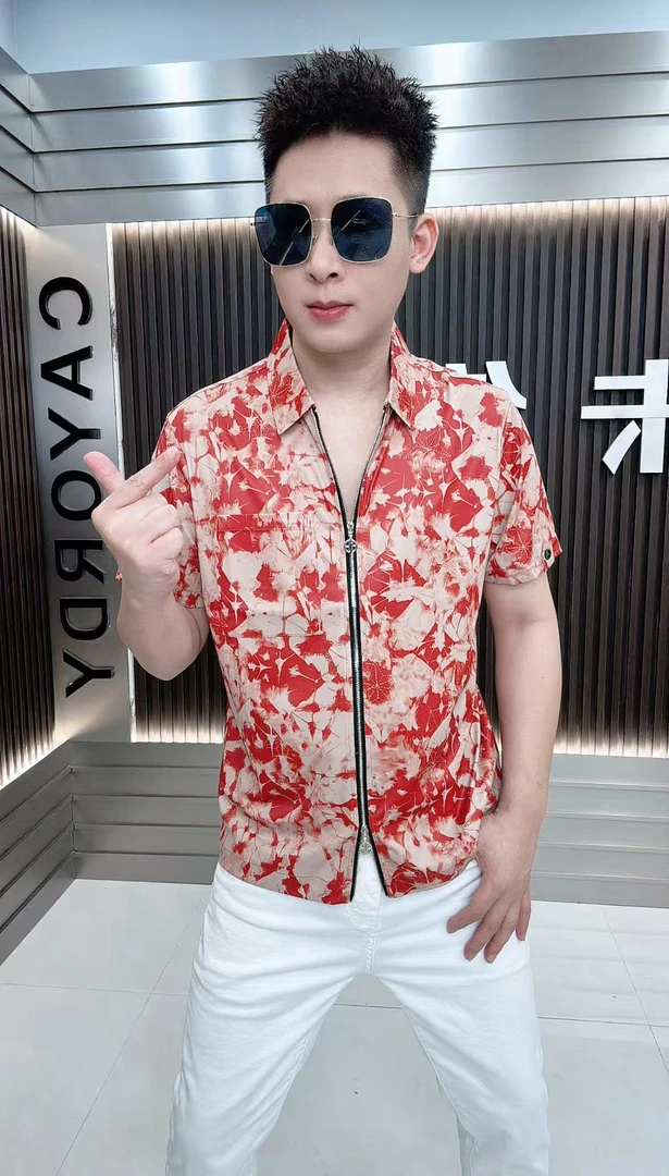 2025新款夏季时尚拉链开衫T恤百搭翻领polo衫男休闲格子印花短袖