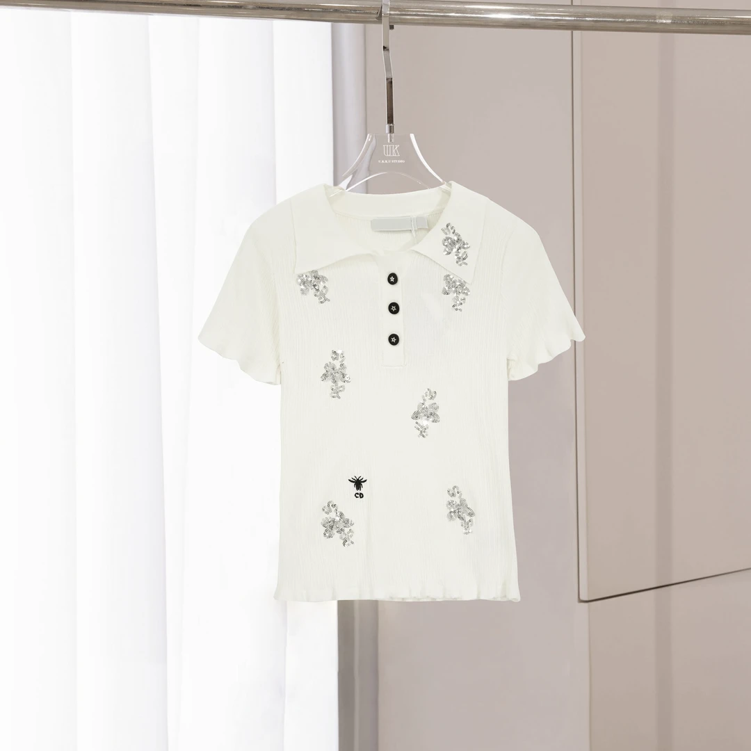 亮片翻领短袖短款织衫时尚甜辣千金风121124