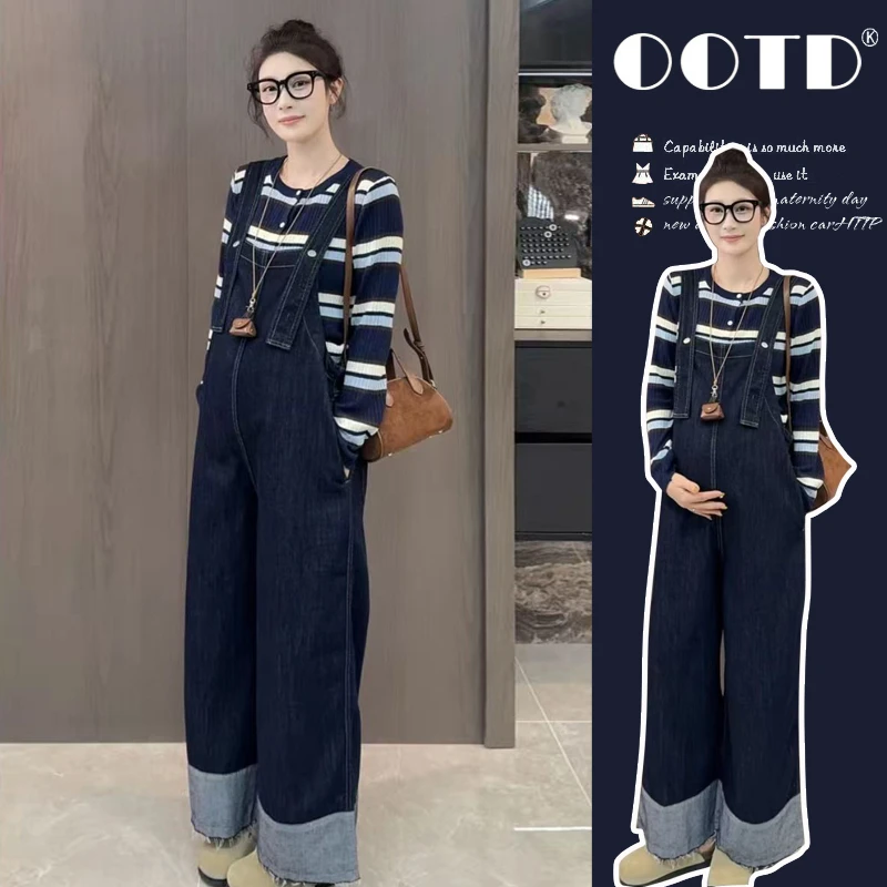 早秋新款孕妇装春秋显瘦牛仔网红针织时尚减龄脚口拼接孕妇背带裤